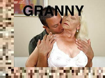 Blonde granny Irene gets talked into jumping on a long dick
