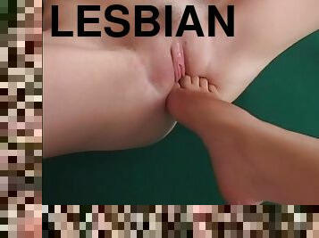 Foot fetish lesbian in shorts loving her pussy licked