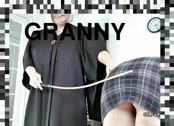 Mistress Granny Lacey canes her pupil before having fun with her