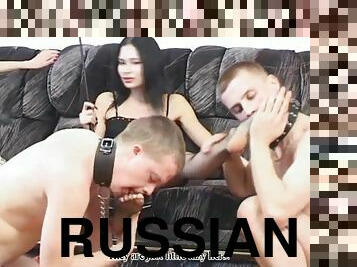 Long hair Russian doll spanking her guy in femdom porn