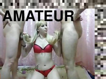 Horny blonde amateur sucks for 2 cocks at once on webcam
