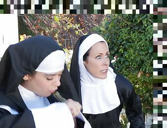 Wonderful lesbian pussy eating with a lusty nun Katie Morgan