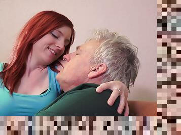 Gray hair man gets lucky with an insatiable redhead cutie