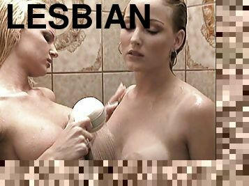 Lesbian Lexa taking shower then drilled using strapon