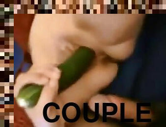 Sex bitch gets fucked by a veggie and a cock