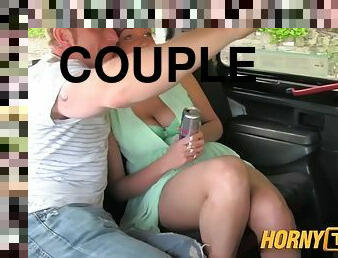Hornytaxi couple fun time in the back seat of the taxi trio