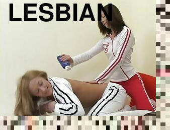 Two hot teens have lesbian fun after sport massage