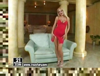 Kitty Sixx the hot blonde in red dress plays wit her pussy