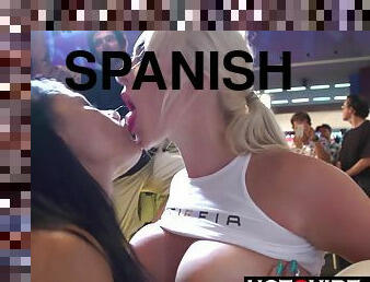 Hot Spanish Lesbians squirting and fooling around while in public