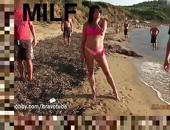 Hot milf get fucked repetitively and jizzed on this public beach by multiple guys.