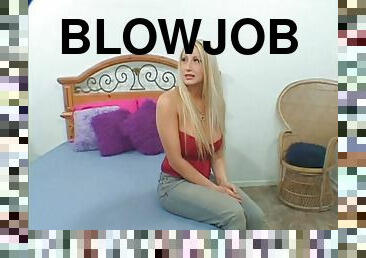 Blonde babe in jeans gives blowjob before getting drilled in reality clip