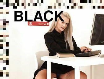 Secretary in a little black dress opens her legs for you