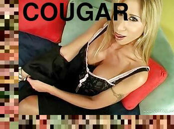 Tattooed cougar with huge tits getting her shaved pussy licked