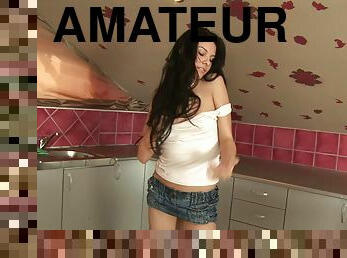 Arousing solo masturbation shoot with log haired brunette