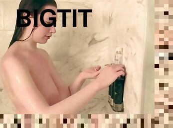 Redhead Misha Lowes giant tits in the shower