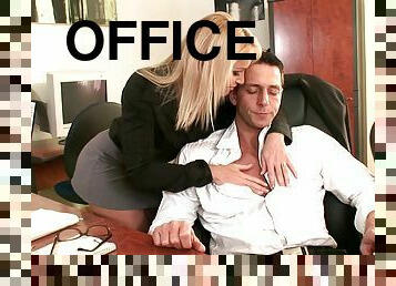 Affectionate blonde in a miniskirt having her pussy fingered before being hammered at the office