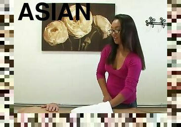 Asian babe in glasses gives massage,blows and nailed in interracial scene