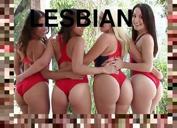 Sexy, fit, sporty babes have some lesbian fun with strapons