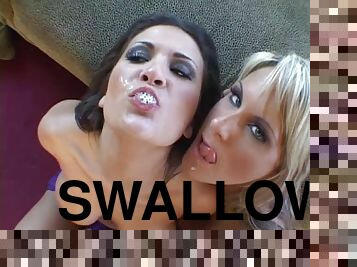 Lecherous babes swallow cum after milking a cock in a hot ffm threesome