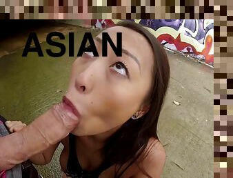 Pierced Asian Sharon Lee blows and gets ass-fucked in the street