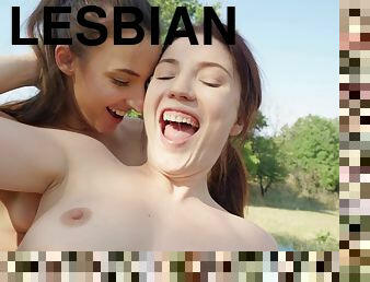 Lesbian Campers Mia Evans and Amirah Adara make love outdoor