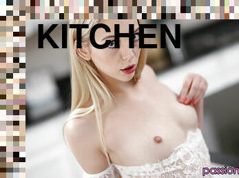 Fully naked Lily Larimar plays with violet dildo at the kitchen!