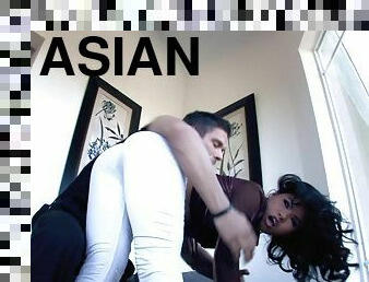 Charming Asian pornstar with long hair jeans yelling while being banged hardcore missionary