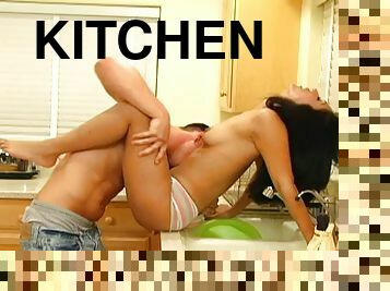 Long haired brunette in panties gets banged Hardcore in the kitchen