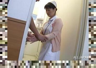 Mature Japanese nurse fucks a horny patient in a toilet