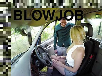 Blonde taxi driver sucks a dick before starting a car