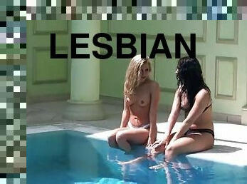lesbijskie, nastolatki, plaża, basen, bikini