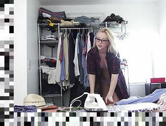 Blonde cowgirl in glasses moaning in excitement as she gets screwed