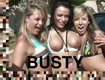 Busty brunette and skinny blonde show their tits outdoors