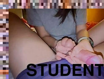 young student knows how to jerk a cock, big explosion of cum