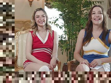 Cheerleaders tease in their dresses while talking about porn