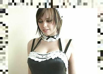 Brunette wears frilly, seductive maids uniform.. ooo spank me