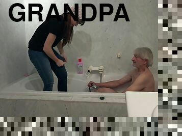 Old Young cleaning lady gets fucked by wrinkled grandpa