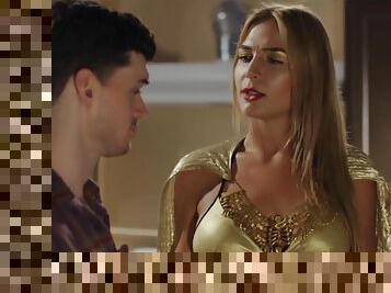 Blonde in a gold outfit wants to be seduced by a hot stud