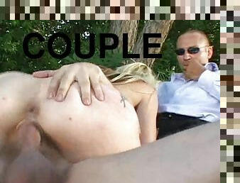 Kinky Couple Fuck In The Garden While A Guy Watches & Wanks