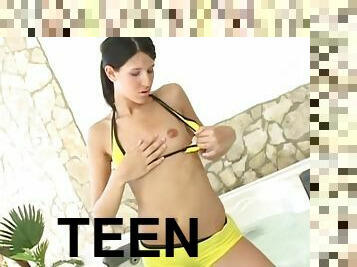 Teen bikini girl strips in her bubbly hot tub