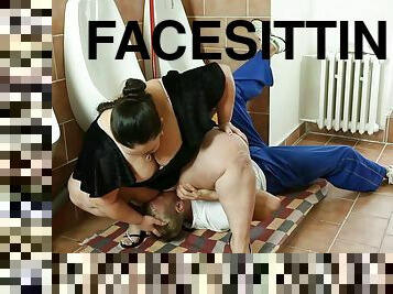 BBW facesitting and hardcore pounding on the bathroom floor