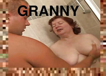 Fat, 68 year old grannie Hana, is taking a shower