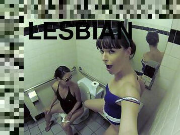 Lesbian babes sneak into the bathroom to each each other out