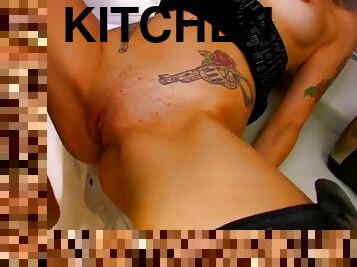 In the kitchen the young gothic teen fucked