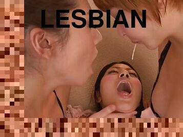 Sexy lesbian threesome with three lingerie models kissing