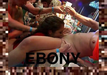 Amazing ebony chick and blonde getting fucked hard at a sex party