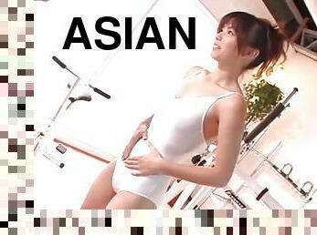 Tight white leotard is tasty on a hardcore Asian babe
