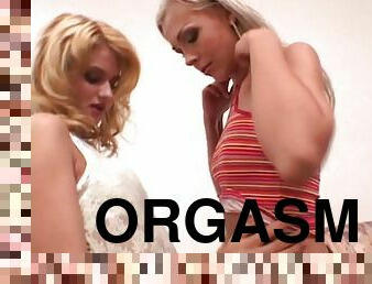 Steady cock drives two adorable blonde babes to orgasm