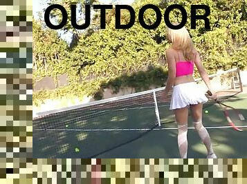 Blonde Beauty Masturbating Outdoors On a Tennis Court