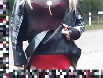 Crossdressing in public in leather outfit part 1